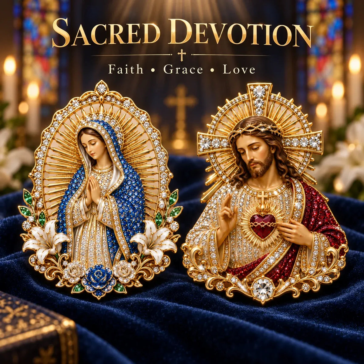 ⏳ Last Day 49% OFF – ✝️ 3D Jesus & Mary Sacred Devotion Pin | Gold-Tone Crystal Christian Brooch ❤️