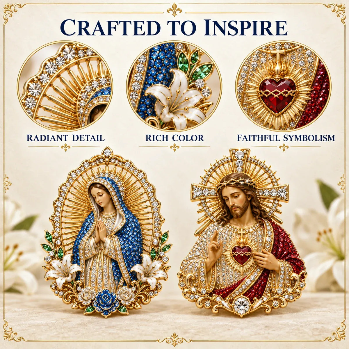 ⏳ Last Day 49% OFF – ✝️ 3D Jesus & Mary Sacred Devotion Pin | Gold-Tone Crystal Christian Brooch ❤️