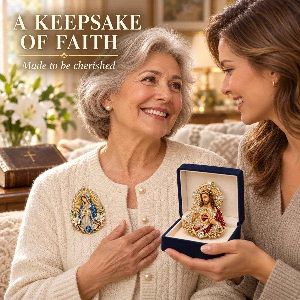 ⏳ Last Day 49% OFF – ✝️ 3D Jesus & Mary Sacred Devotion Pin | Gold-Tone Crystal Christian Brooch ❤️