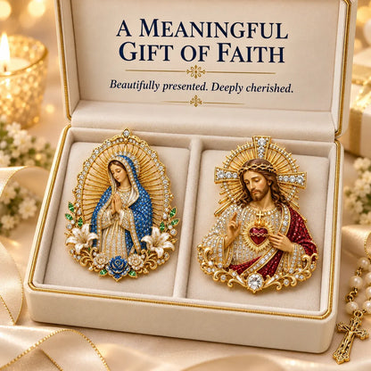 ⏳ Last Day 49% OFF – ✝️ 3D Jesus & Mary Sacred Devotion Pin | Gold-Tone Crystal Christian Brooch ❤️